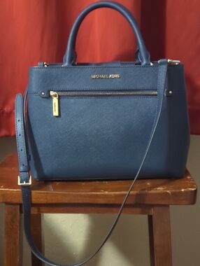 Michael Kors Blue Saffiano Leather Satchel with Gold Hardware